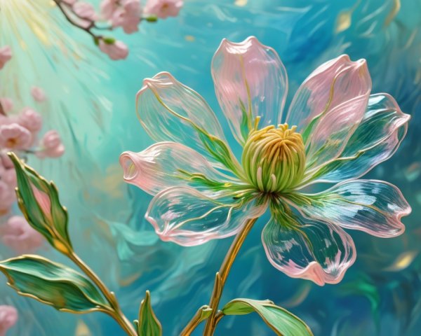 Translucent Flower with Shimmering Petals and Foliage