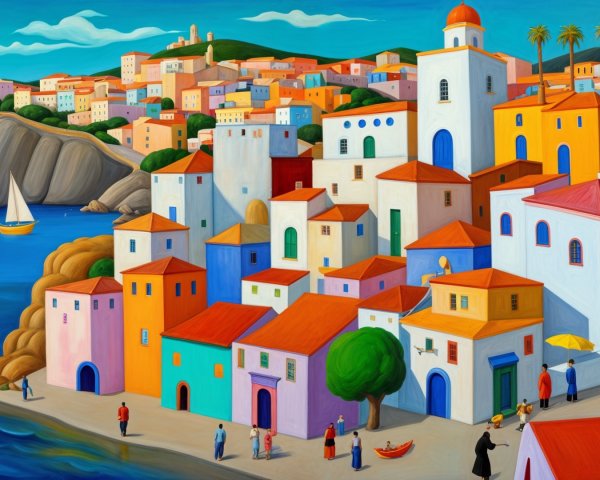 Vibrant Coastal Town with Colorful Buildings and Sailboats