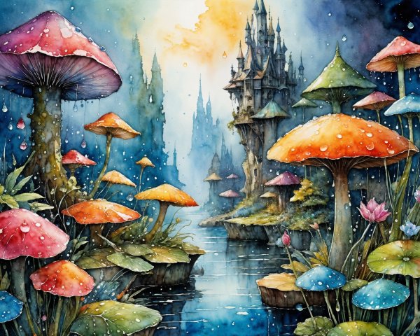Vibrant Mystical Landscape with Oversized Mushrooms