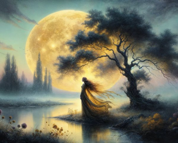 Serene landscape with full moon and tranquil river