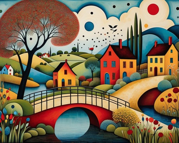 Whimsical Landscape with River and Colorful Houses