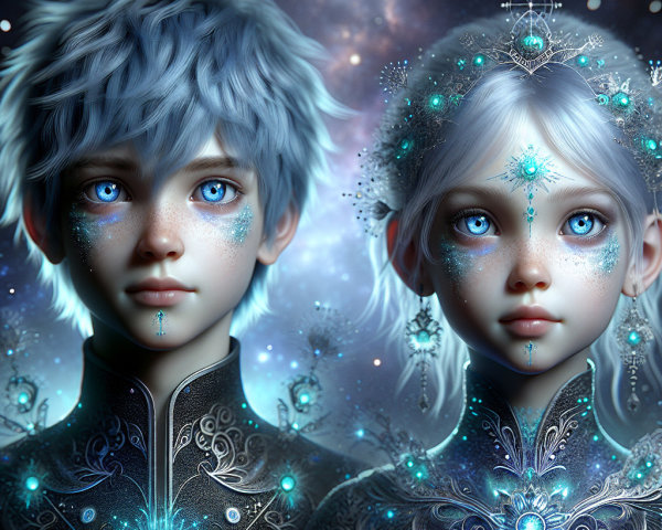 Ethereal Figures with Blue Eyes in Cosmic Backdrop