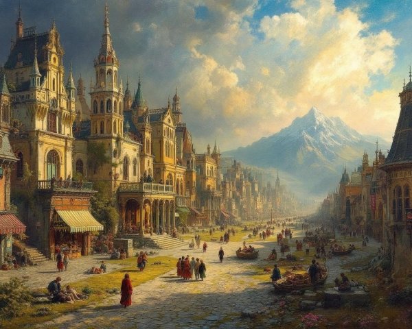 Picturesque Cityscape with Grand Architecture and Mountains