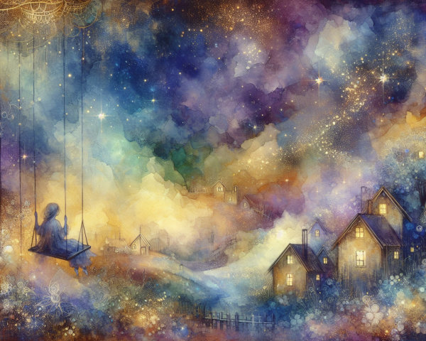 Whimsical Watercolor Night Sky with Stars and Houses