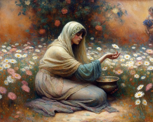Young Woman in Garden with Delicate Flower and Daisies