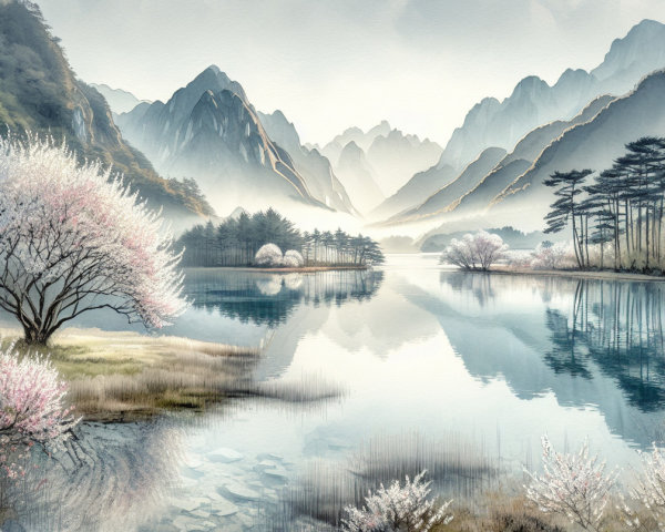 Serene Landscape with Mountains and Cherry Blossoms