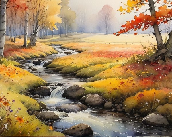 Serene Autumn Landscape with Stream and Wildflowers