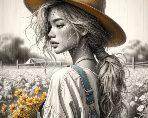 Young woman in flower field with sepia tones