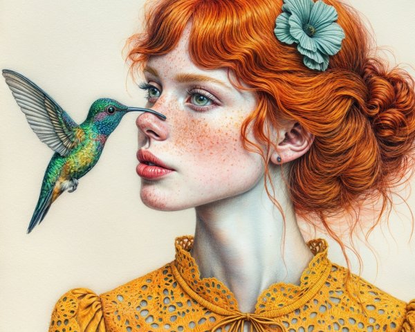 Young woman with red hair and hummingbird interaction