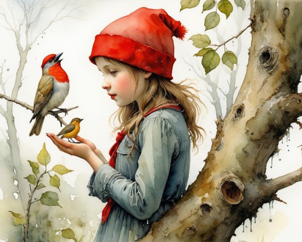 Young girl in red hat with birds by a tree