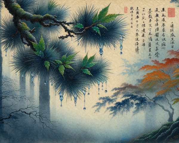 Serene Misty Landscape with Trees and Calligraphy