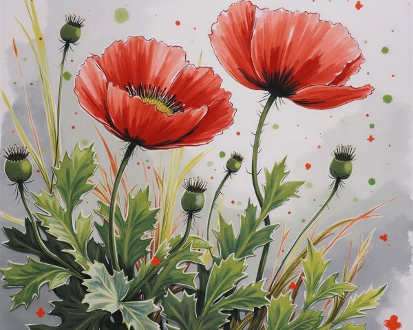 Vibrant Watercolor Painting of Red Poppies and Botanicals