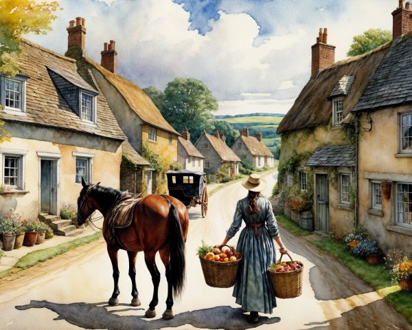 Watercolor Painting of a Quaint Village Scene