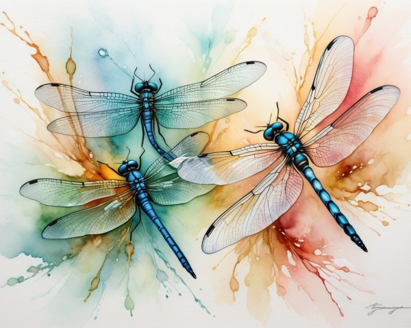 Vibrant Watercolor Painting of Delicate Dragonflies