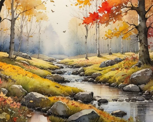 Autumn Landscape with Stream and Colorful Foliage