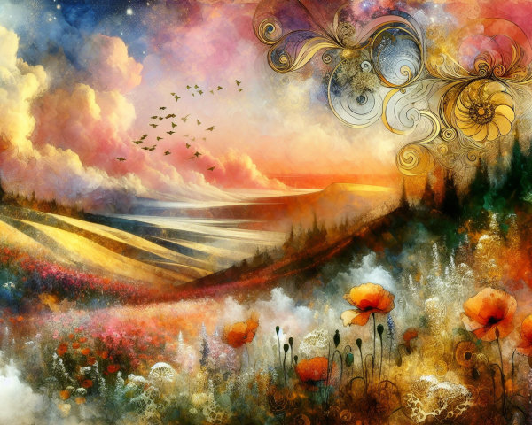 Vibrant Landscape with Hills, Wildflowers, and Sunset