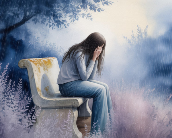 Sad figure on a bench in a misty landscape