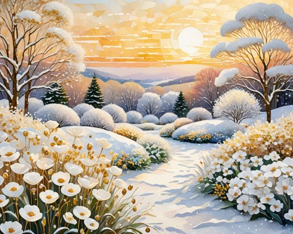 Serene Winter Landscape with Sunrise and Snow-Covered Trees