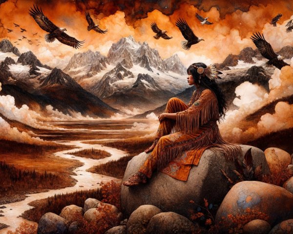 Serene Landscape with Native American Woman and Mountains