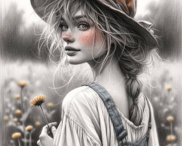 Young woman in flower field with straw hat and overalls