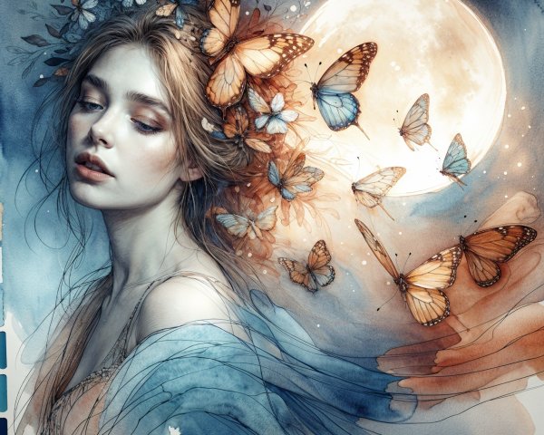Serene Young Woman Surrounded by Butterflies and Moon