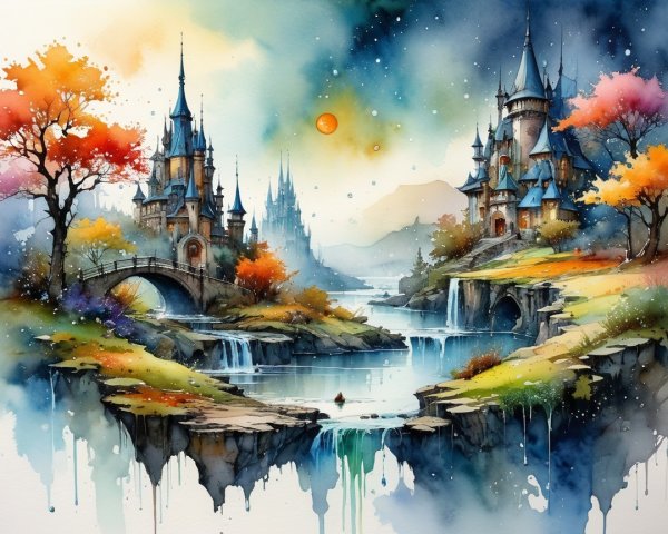 Fantasy Landscape with Castles and Autumn Trees