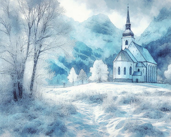 Watercolor Winter Landscape with Church and Mountains