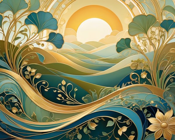Serene Landscape of Rolling Hills in Teal and Gold
