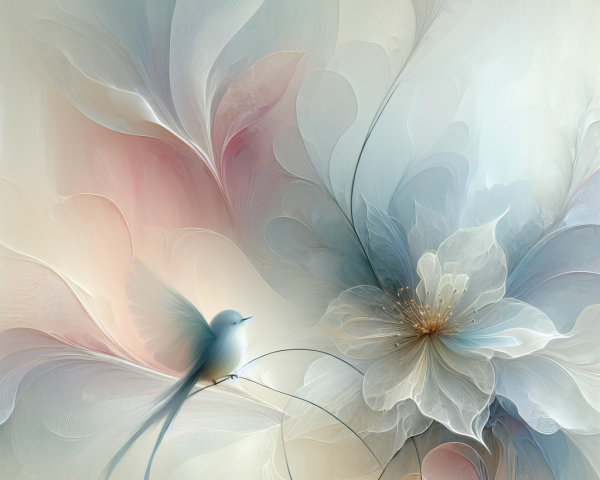 Ethereal Floral Composition with Bird in Pastel Hues