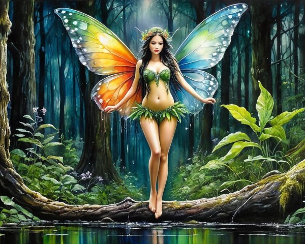 Mystical Fairy with Rainbow Wings Over Forest Pond
