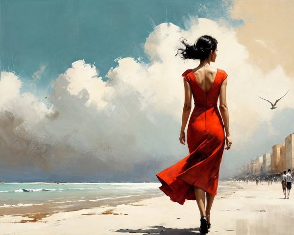 Woman in Red Dress on Serene Beach Scene