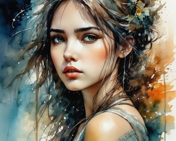 Portrait of a Young Woman with Flowing Hair and Flowers
