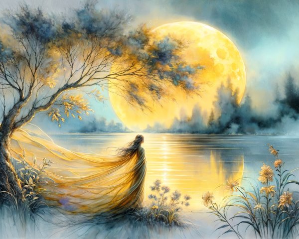 Serene landscape with tranquil lake and golden moon