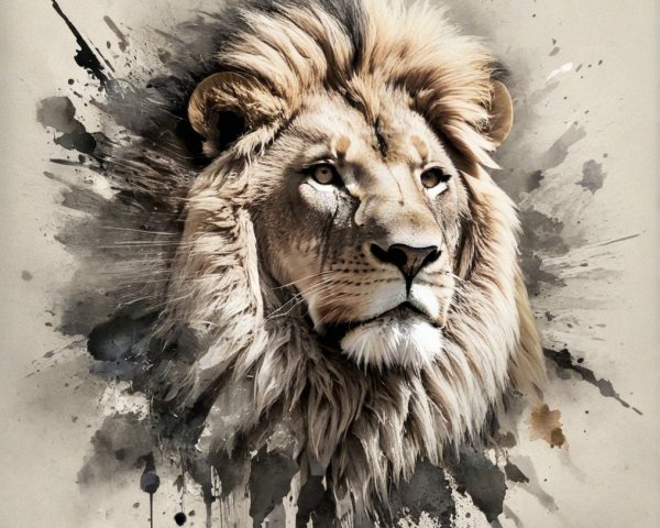 Watercolor depiction of a lion's head with splashes
