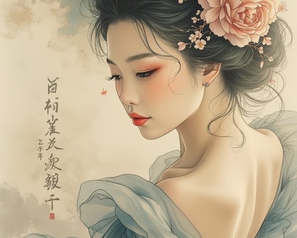 Graceful Woman in Pale Blue Dress with Pink Peony