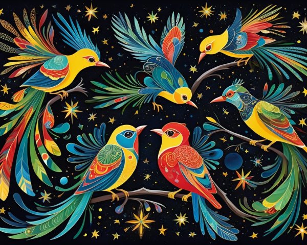 Colorful Birds on Branches Under a Starry Night Sky