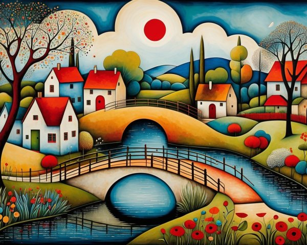 Vibrant Whimsical Landscape with Charming Houses
