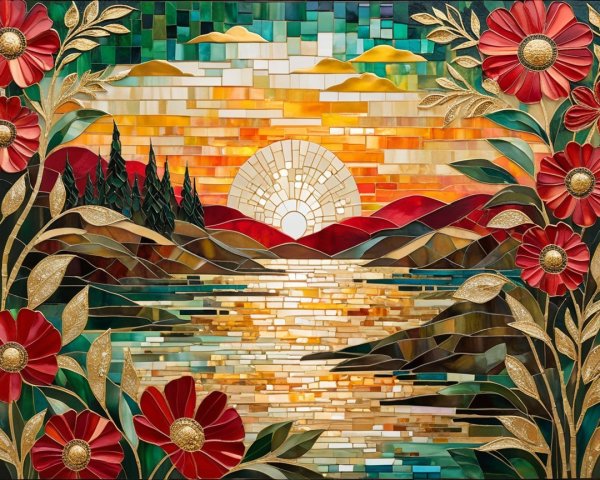 Mosaic Artwork of Sunset Over Tranquil Lake