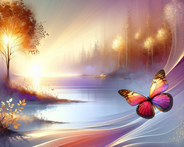 Serene Dawn Landscape with Tranquil River and Butterfly