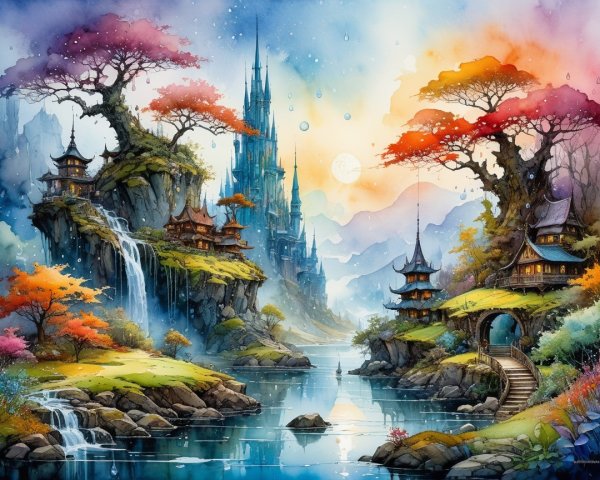 Tranquil Landscape with River, Waterfalls, and Castle