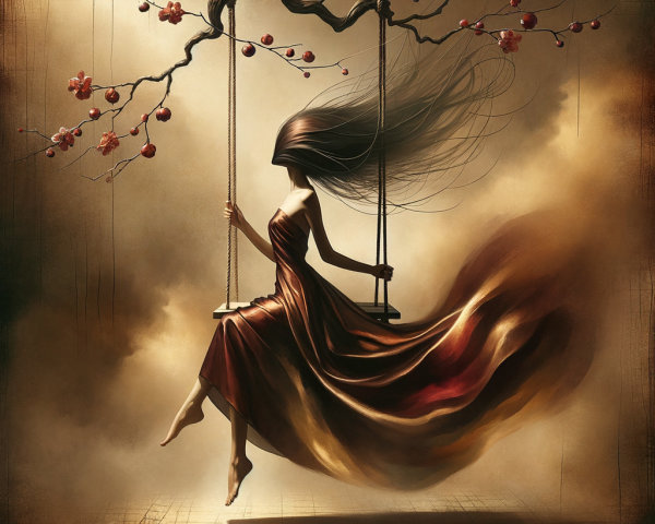Serene figure swinging among cherry blossoms and clouds