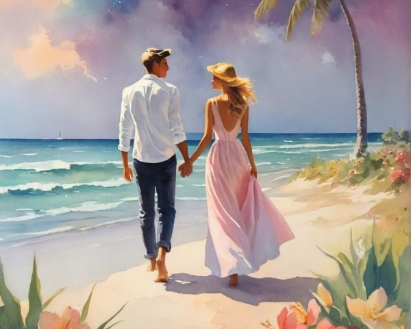 Couple Walking on Beach at Sunset with Flowers