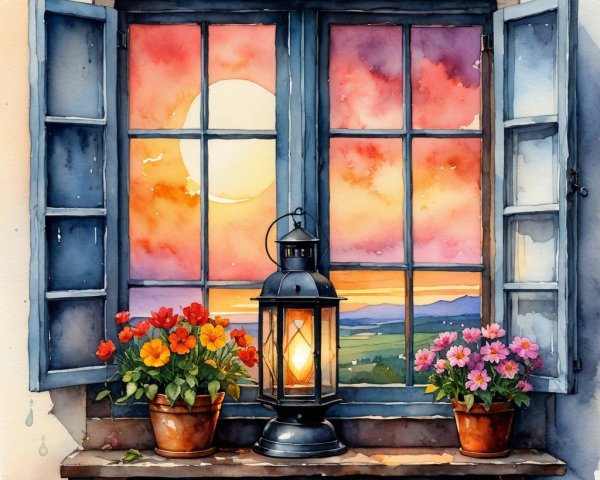Vibrant Sunset Window Scene with Blooming Flowers
