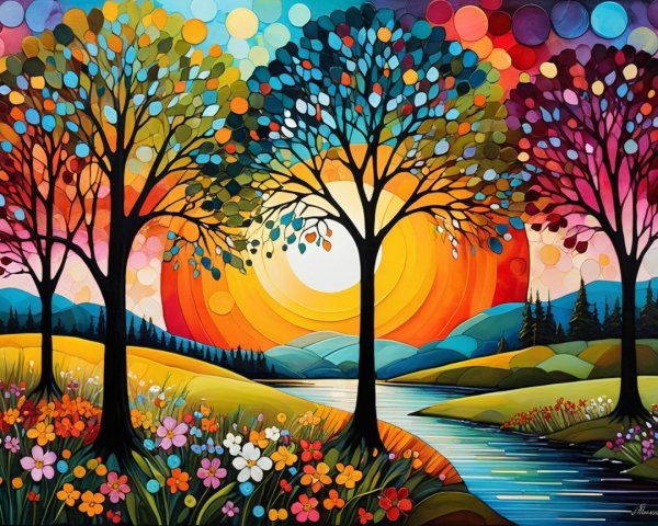 Vibrant Landscape with Colorful Trees at Sunset