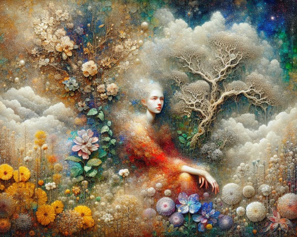 Surreal Scene of Vibrant Blossoms and Tree Forms