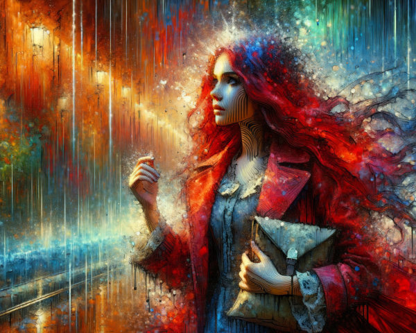 Woman with Red Hair in Colorful Rainy Street Scene