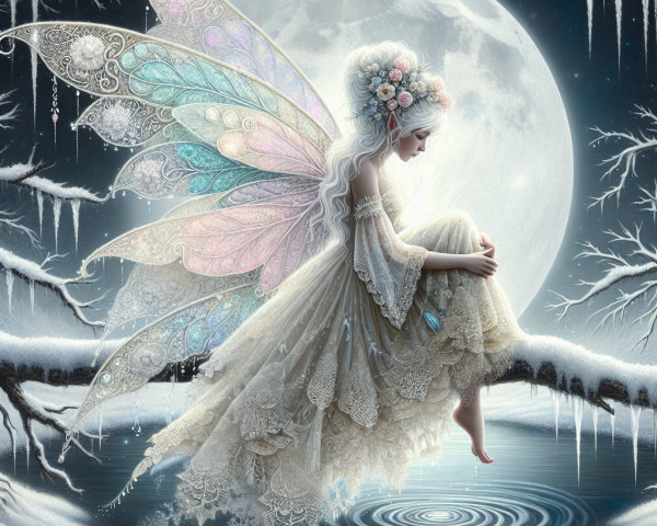 Fairy with Iridescent Wings in Winter Landscape