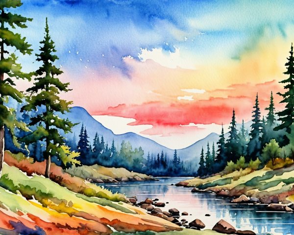 Vibrant Watercolor Landscape of a Tranquil River
