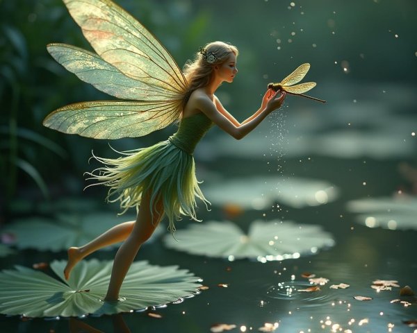 Fairy Dancing on Lily Pad in Enchanting Pond Scene