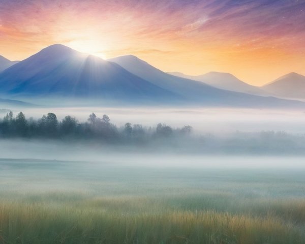Mountain Landscape at Sunrise with Mist and Sunburst